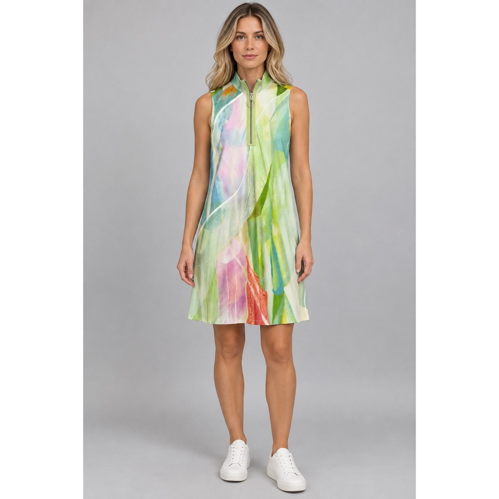 Claire Desjardins Avocado Dress Women Medium Green Zip Neck Abstract Art to Wear